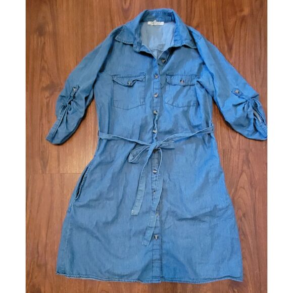 Speed Limit Cotton Chambray Button Shirt Dress Women's Small Belted Pockets - Picture 8 of 9